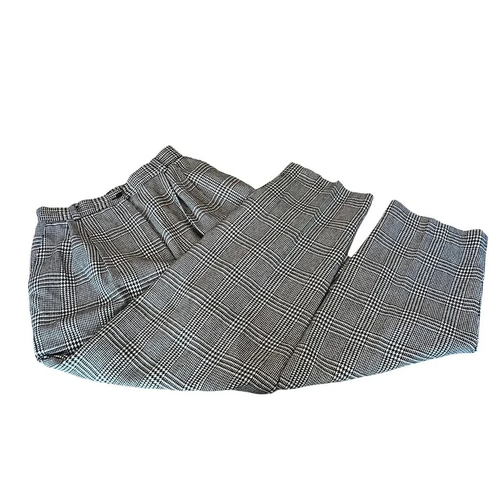 Vintage Requirements Straight Trousers Womens 12 Houndstooth Wool Pleated Grey